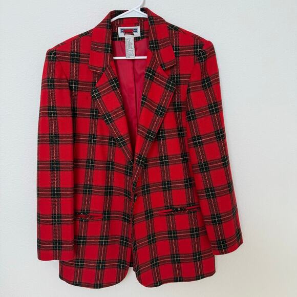 Women’s Red Plaid Wool Blazer Single‎ Button 8 - Picture 1 of 8
